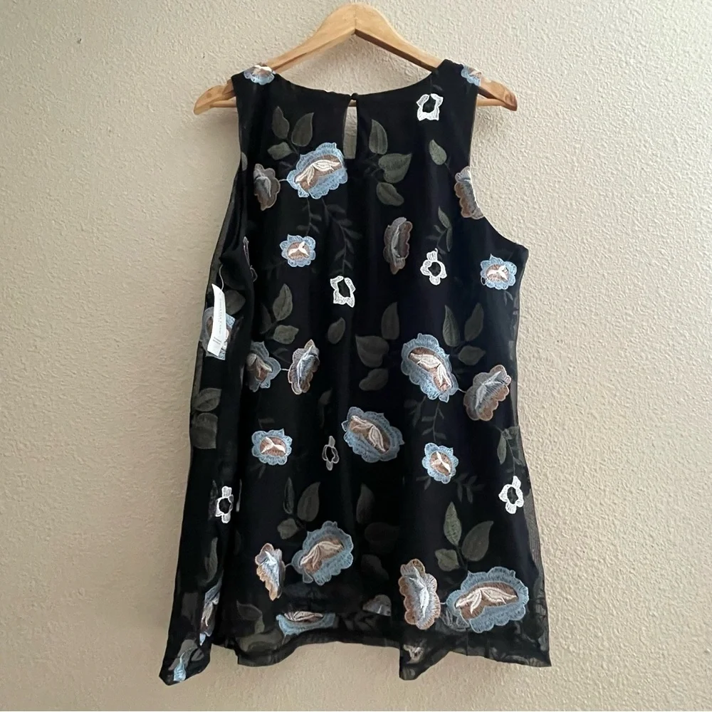 Charter Club semi sheer Black Floral Embroidered Mesh Tank Blouse Top‎